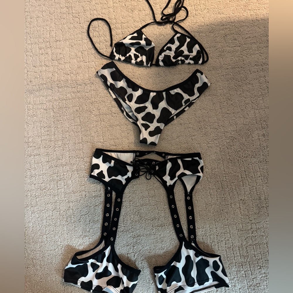 Cow Print Black & White Bikini Set with Garters